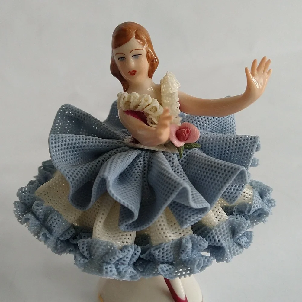 Vintage Dresden Lace Lady Figurine Ballerina Dancer Blue White Porcelain
